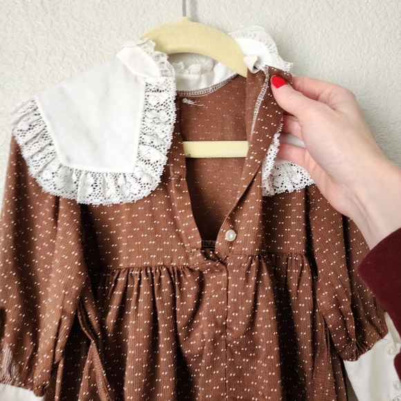 MINI WORLD x VINTAGE Brown Swiss dot white lace collar trim dress 2T - Picture 5 of 8